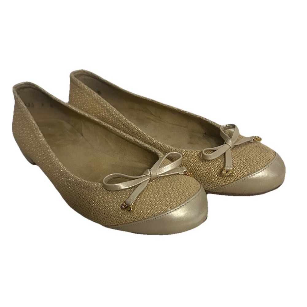 Stuart Weitzman Chicflat Woven 9 M Leather Ballet Flats in Gold/Beige